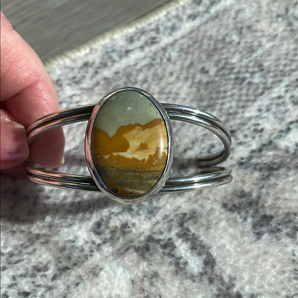 Sterling Silver Cuff bracelet Landscape sky, land and mountain Stone.